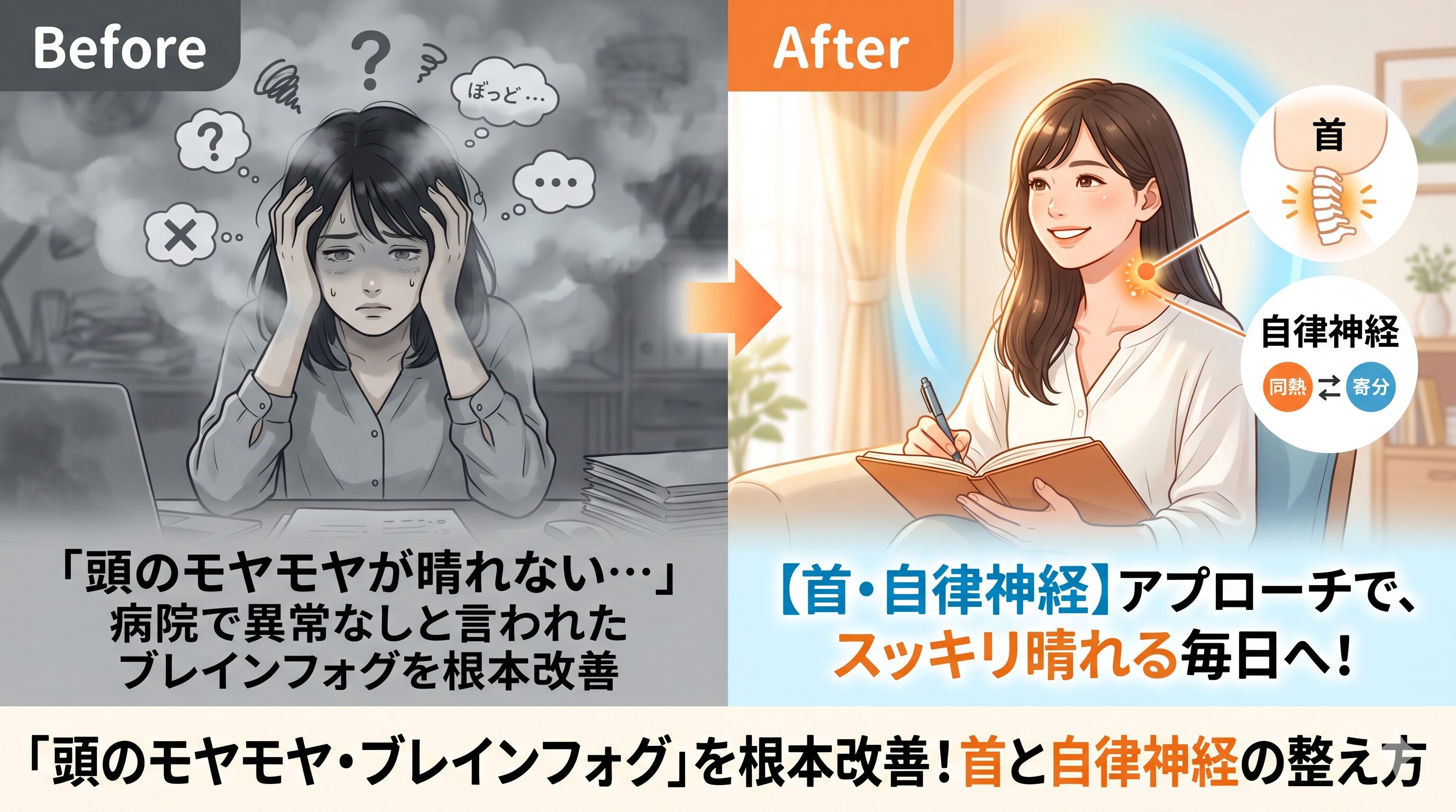 レインフォグのビフォーアフター図解。左はパソコンの前で頭にモヤがかかり悩む女性。右は首と自律神経へのアプローチにより頭がスッキリと晴れ、笑顔でノートに向かう女性。