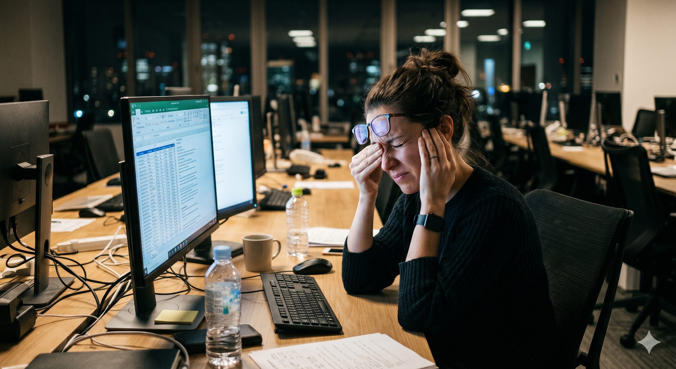 夜のオフィスでパソコン作業中に眼精疲労で目を押さえて辛そうにする女性