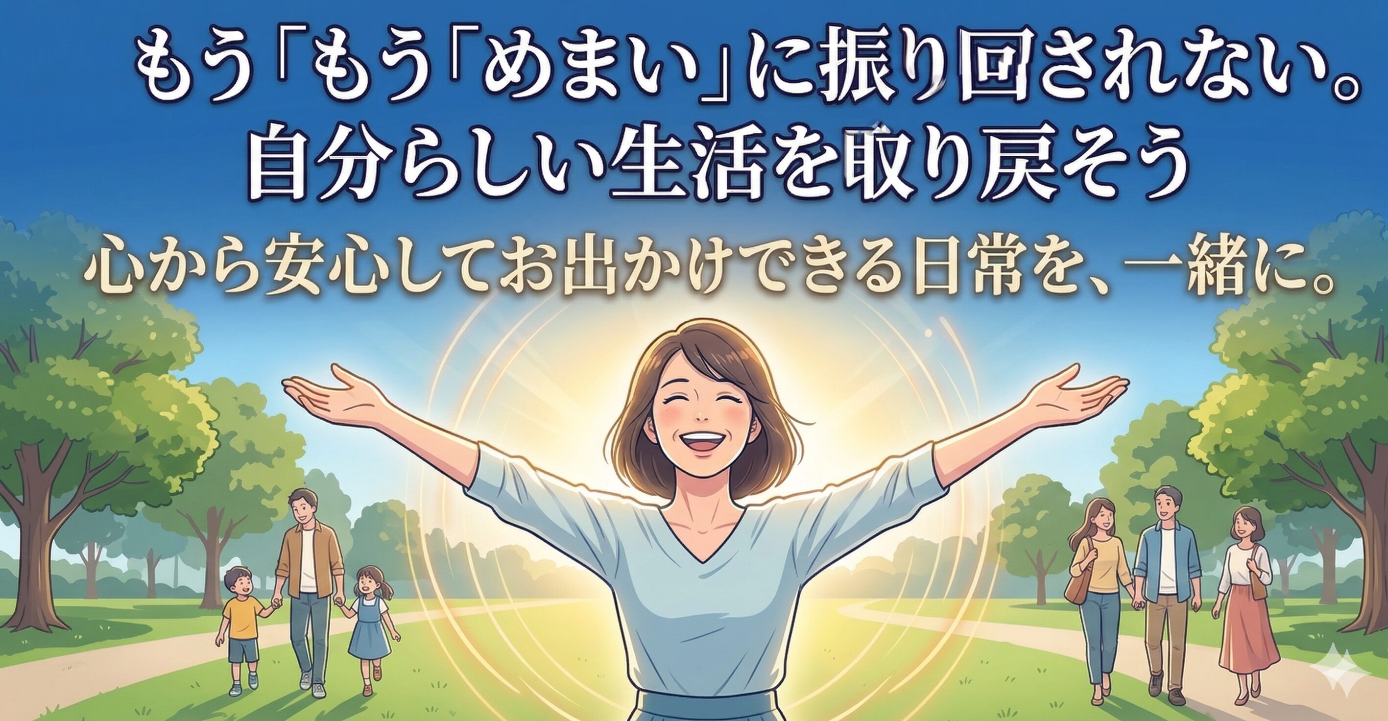 めまいから解放され、澄み渡る青空の下で笑顔で深呼吸する40代・50代女性。自分らしい生活を取り戻した希望のイメージ。