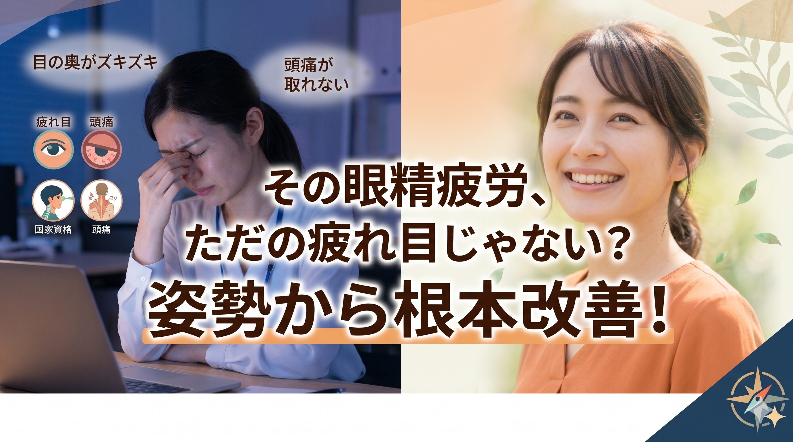 眼精疲労と頭痛に悩む女性と、姿勢改善で根本から解消して笑顔になった女性の対比画像(その眼精疲労、ただの疲れ目じゃない?姿勢から根本改善!)