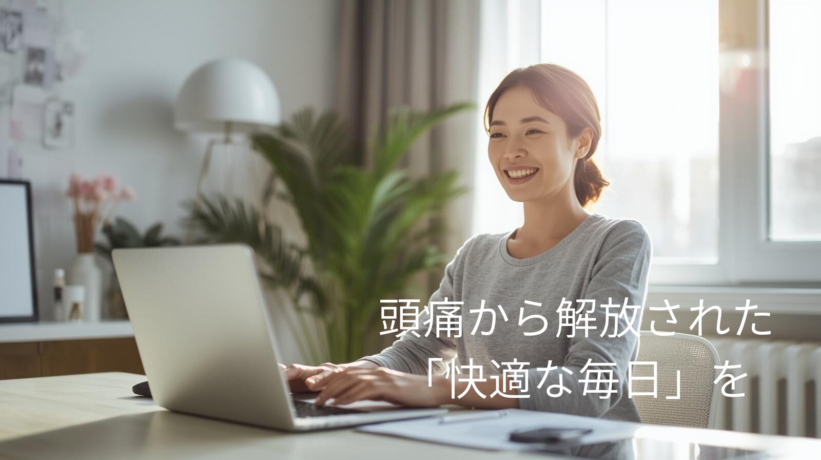 熊取の5c整体で頭痛から解放され、笑顔で快適にデスクワークに集中する女性