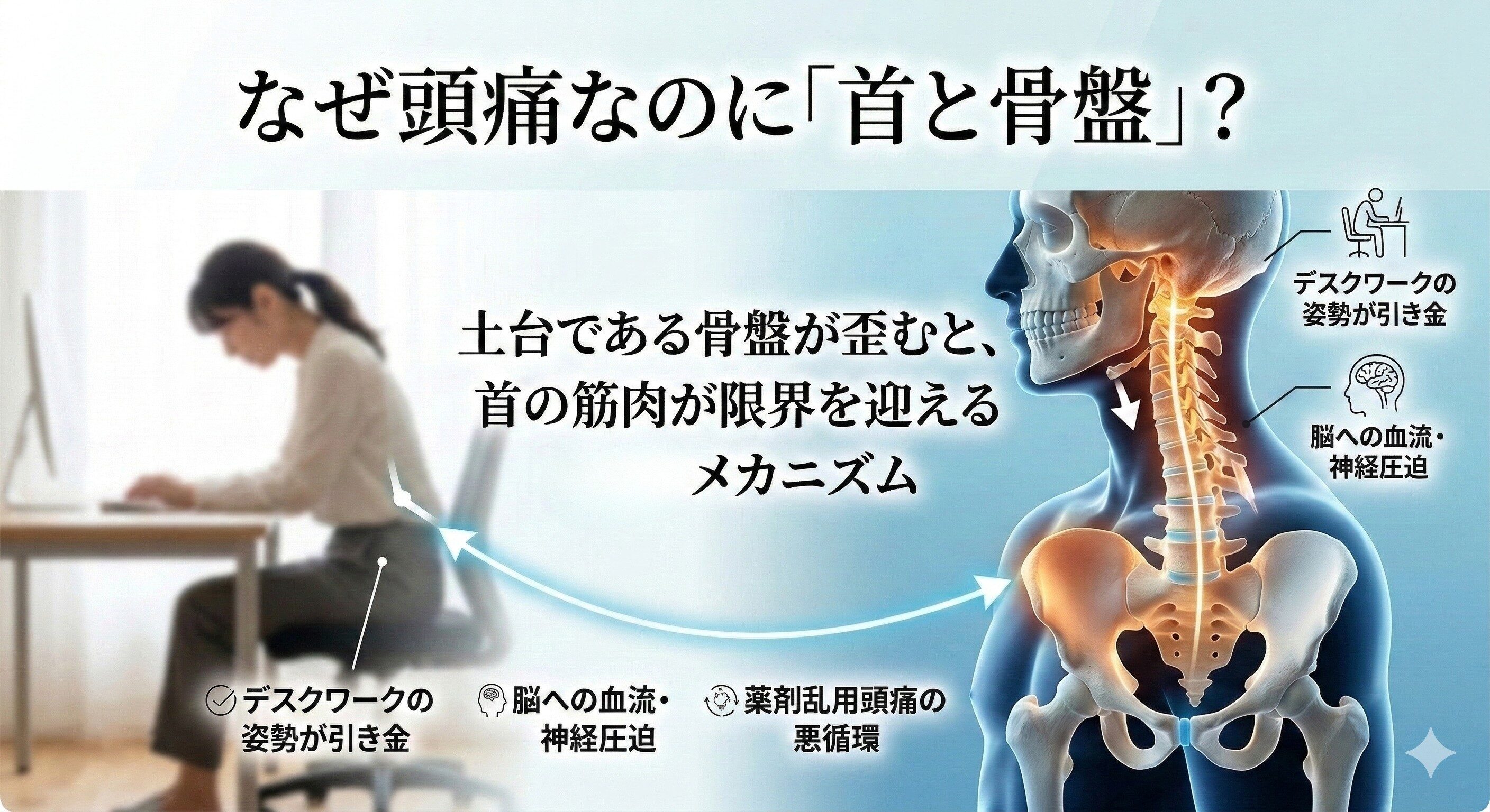 デスクワークによる姿勢の崩れが頭痛を引き起こすメカニズム図解。骨盤の歪みが首の筋肉に負担をかける「5c整体」の理論。