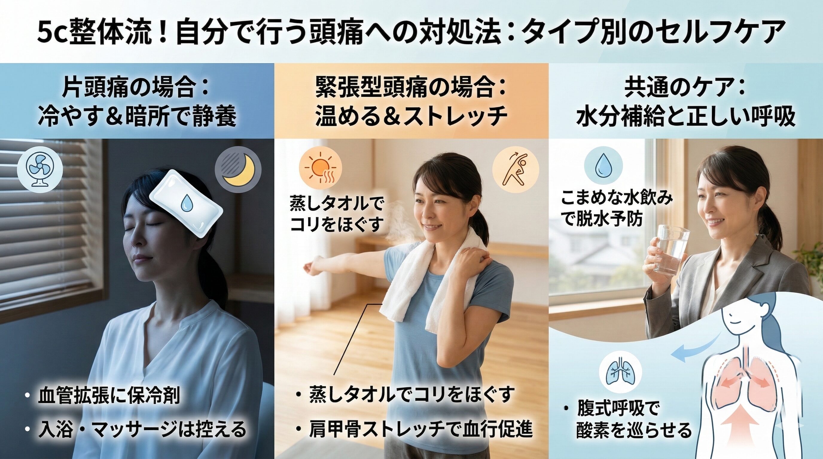 片頭痛の冷却、緊張型頭痛の温熱・ストレッチ、共通の水分補給と腹式呼吸をまとめた、熊取の5c整体流セルフケア解説図。