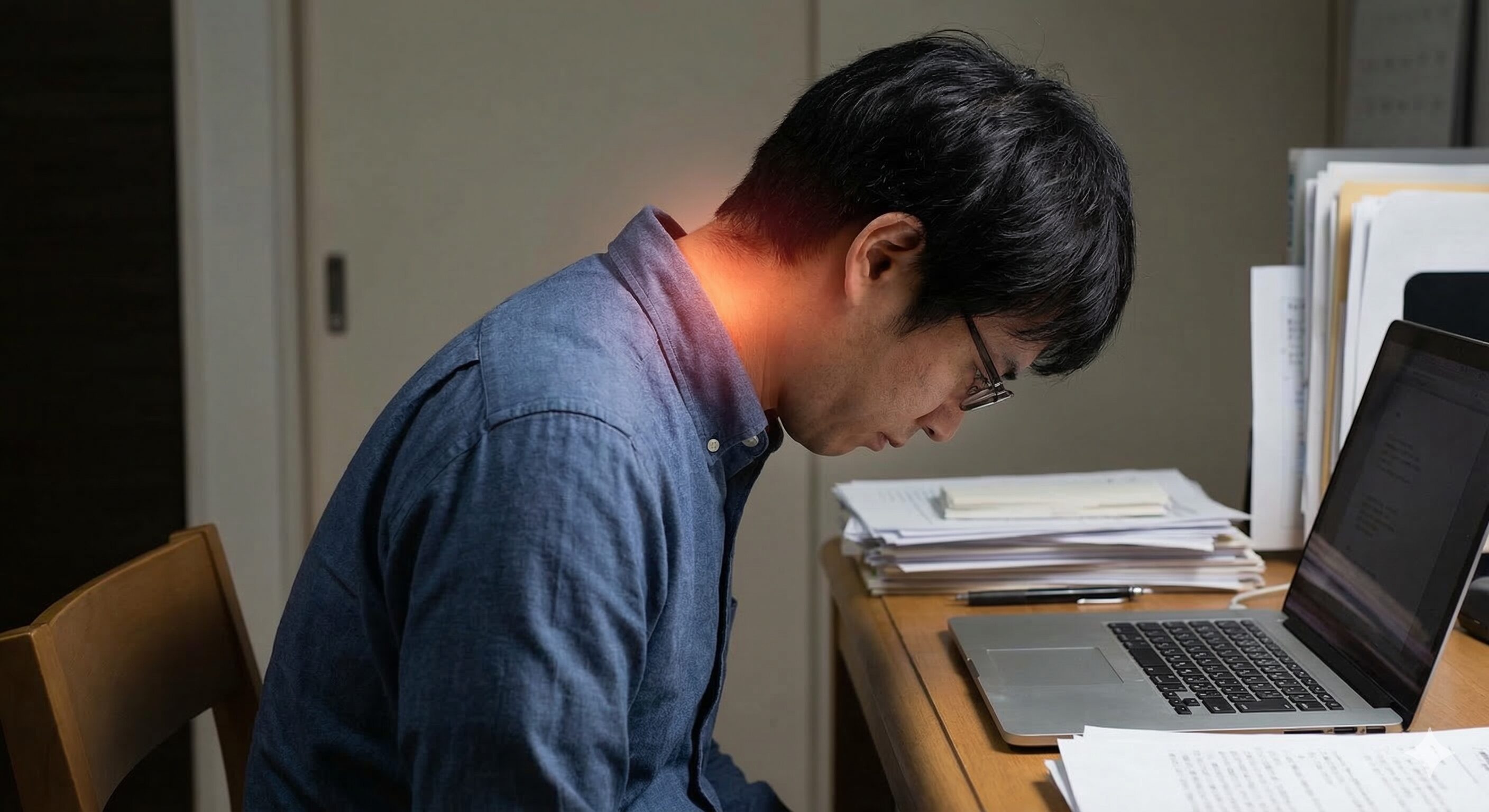 後頭神経痛の原因となるデスクワーク中のスマホ首(ストレートネック)と首への負担