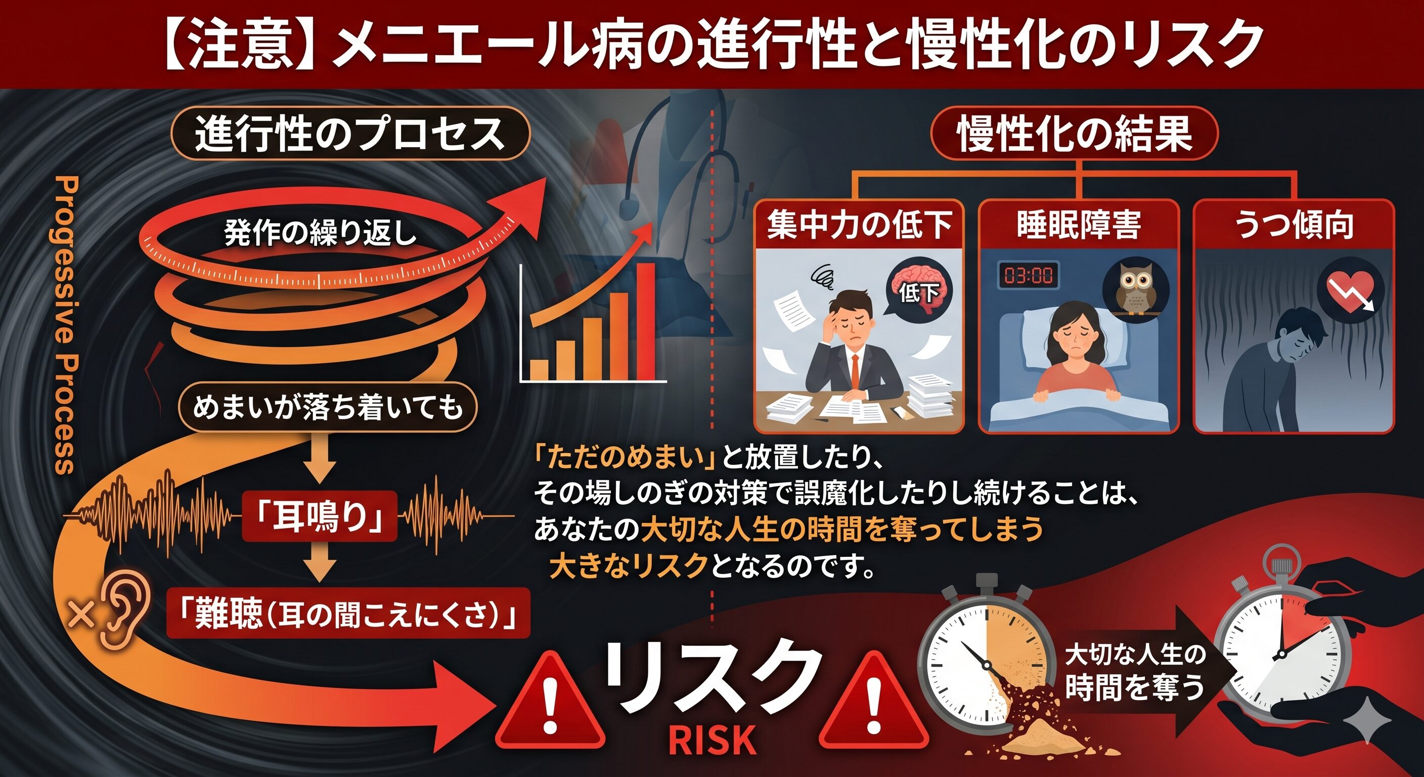 メニエール病の進行・慢性化リスクを図解。発作の繰り返しから耳鳴り、難聴への進行プロセスと、慢性化による集中力低下、睡眠障害、うつ傾向を示すインフォグラフィック。損失回避のメッセージも含む