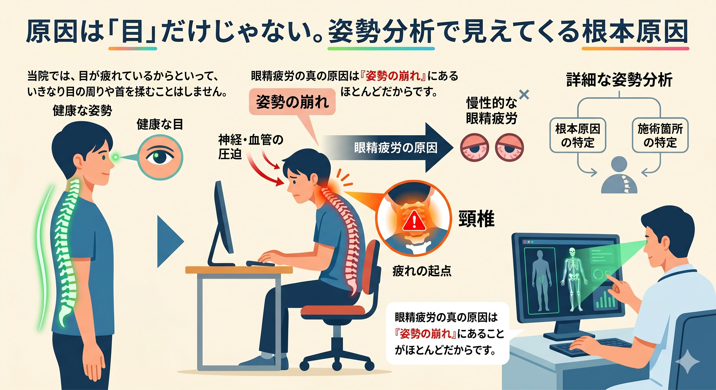 眼精疲労の真の原因は姿勢の崩れ。詳細な姿勢分析で根本原因を特定