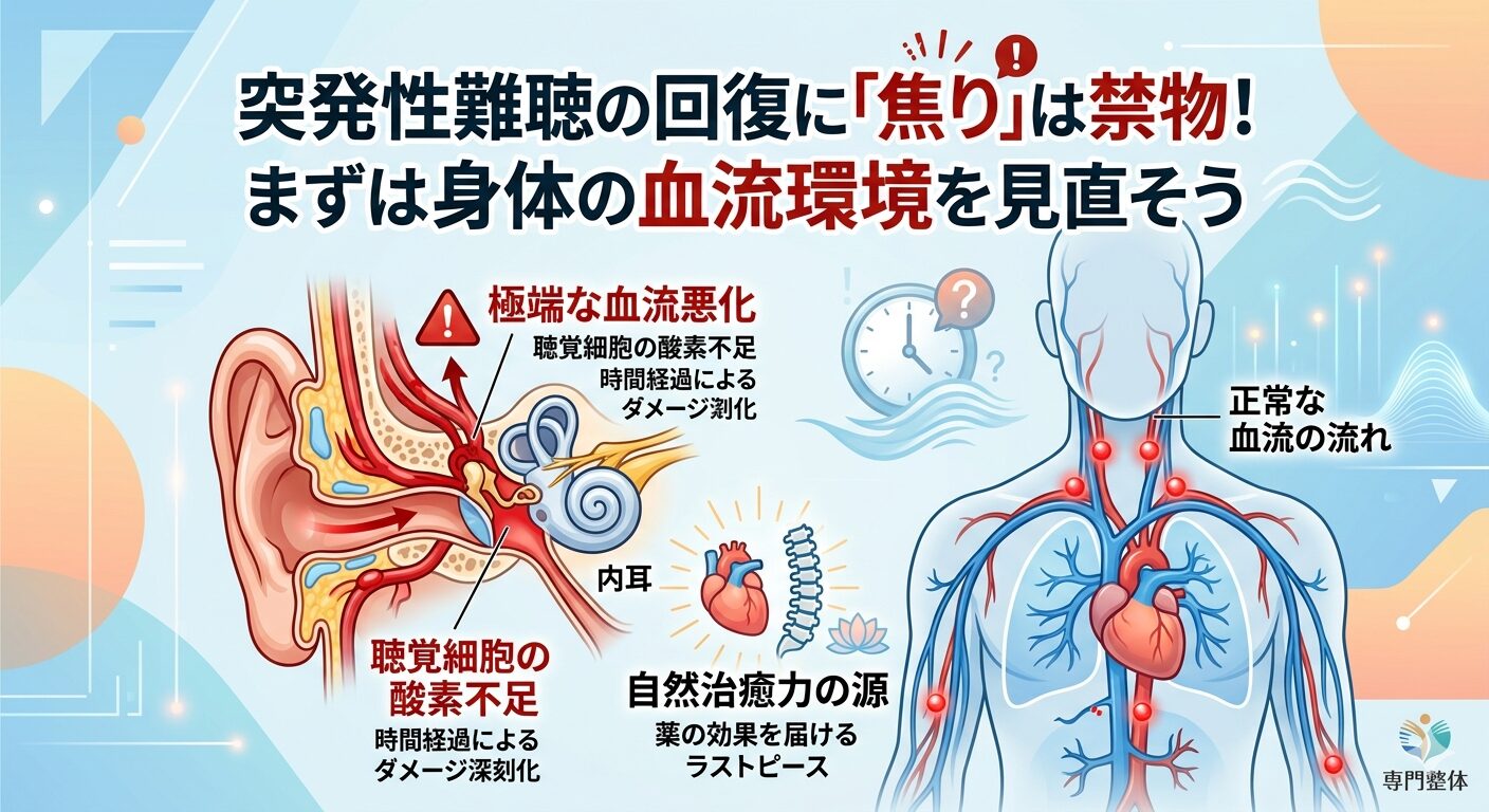 突発性難聴における血流不足と自然治癒力のメカニズム図