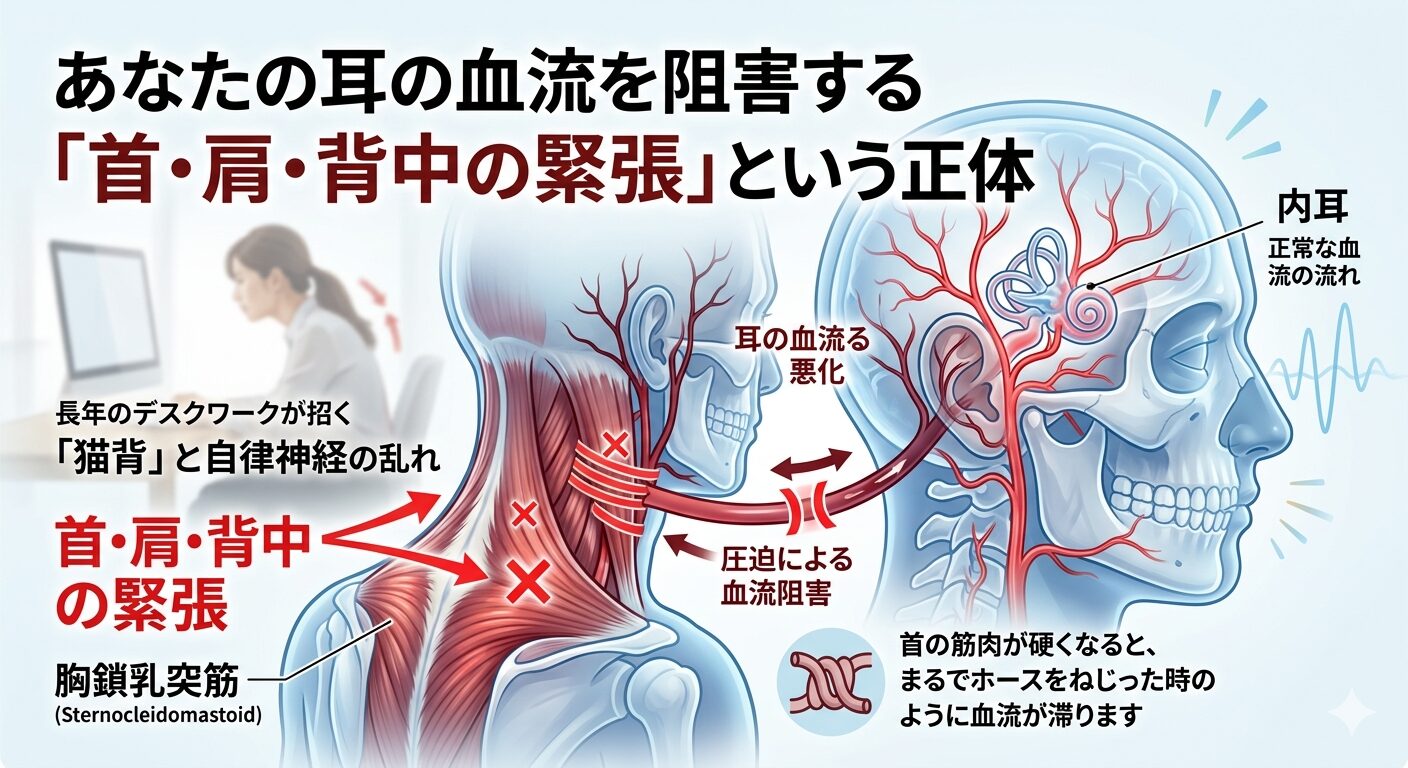 デスクワークによる猫背と首の緊張が耳の血流を阻害するメカニズム図