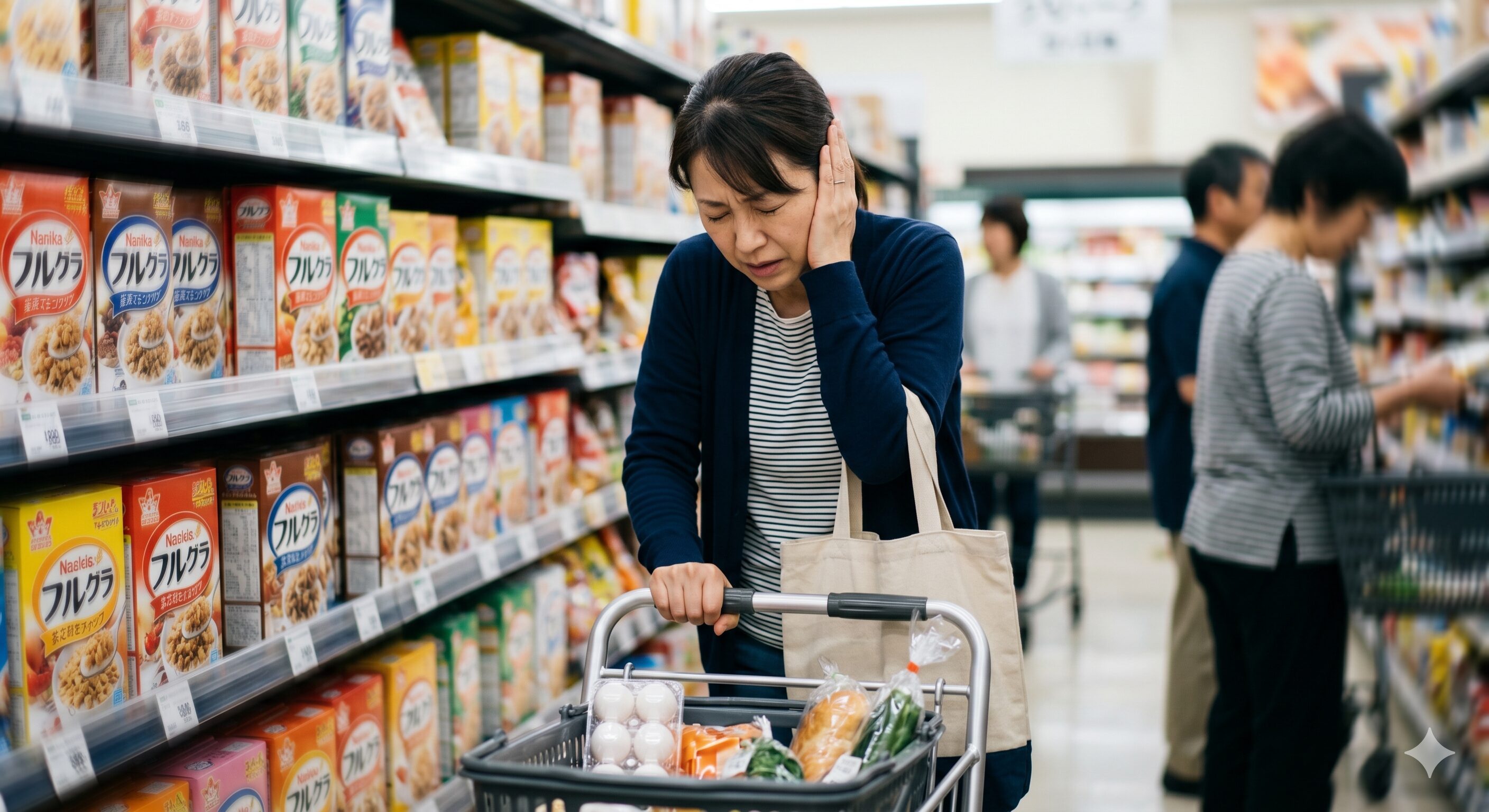 スーパーマーケットの棚の前で、ショッピングカートを握りながら突然のめまいに苦しみ、頭を抱える女性。背景には商品を並べる他の客や棚、フルグラの箱。